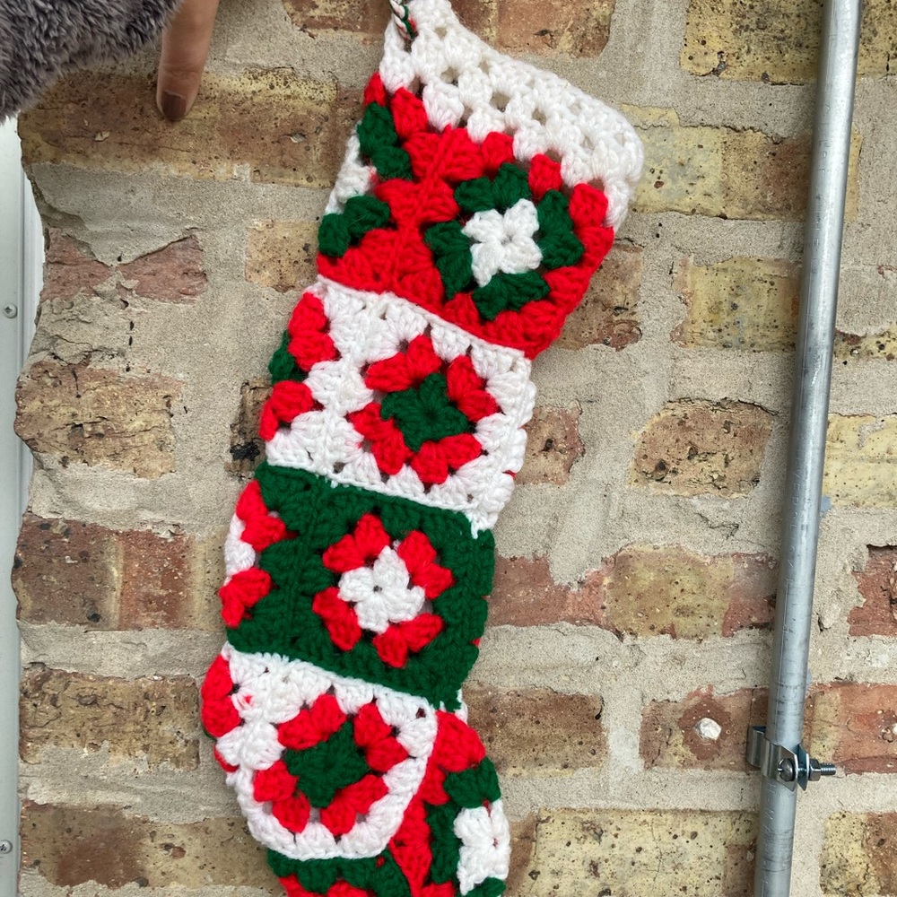 Vtg Granny Square Christmas Stocking Crocheted Country White Red Green 1…